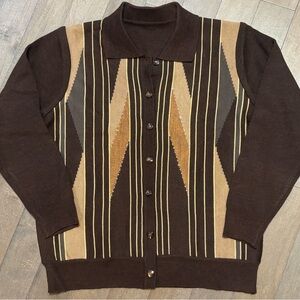 Vintage 1950s Men’s Brown Wool-Blend Knit Cardigan Rhinestone Diamond Large
